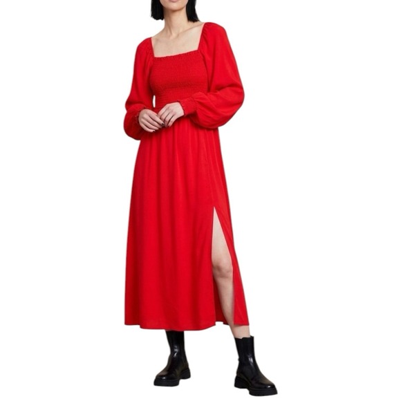 La Ligne Dresses & Skirts - LA LIGNE Red Midi Dress sz L Smocked Bodice Balloon Sleeve Minimalist Workwear